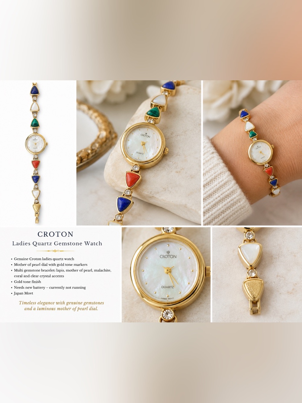Croton Gold Bracelet Watch with Blue, Green, Red and White Gemstones